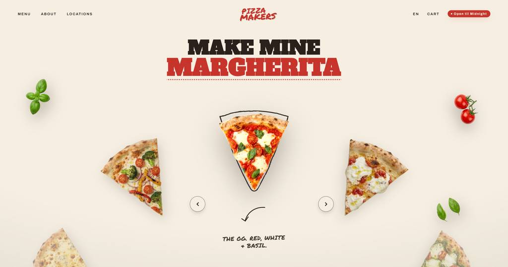 Pizza Makers, a fan of wood-fired pizza slices turning around a hand-drawn wedge, basil and cherry tomatoes floating at the edges of the frame