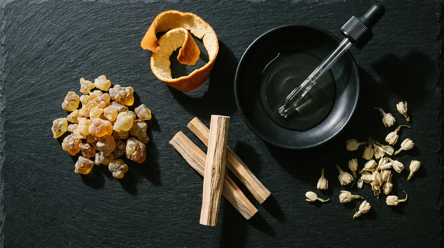 Raw perfumery materials laid out on dark stone: amber resin, citrus peel, sandalwood, jasmine buds and a pipette.
