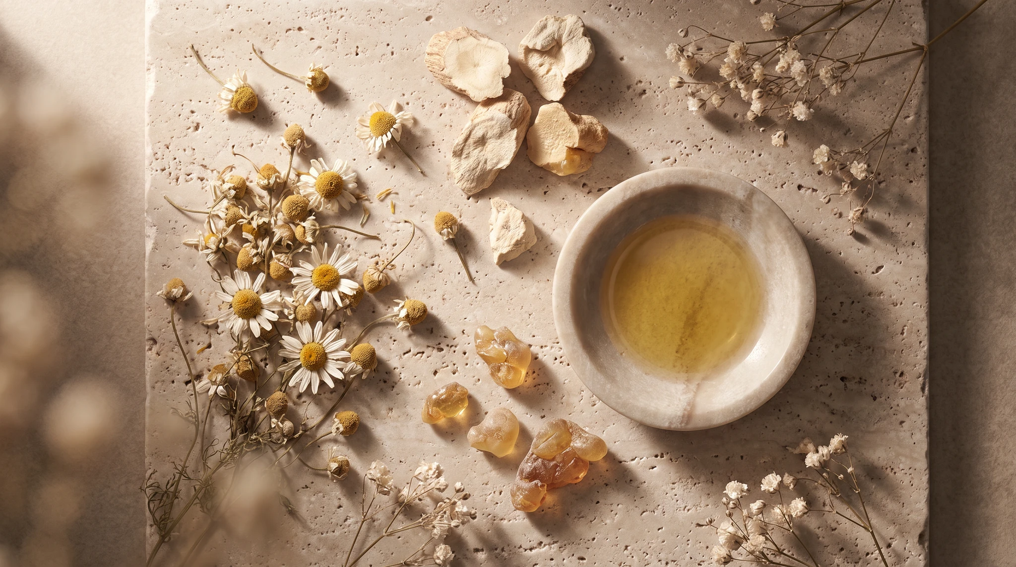 Dried botanicals, orris root and amber oils on travertine