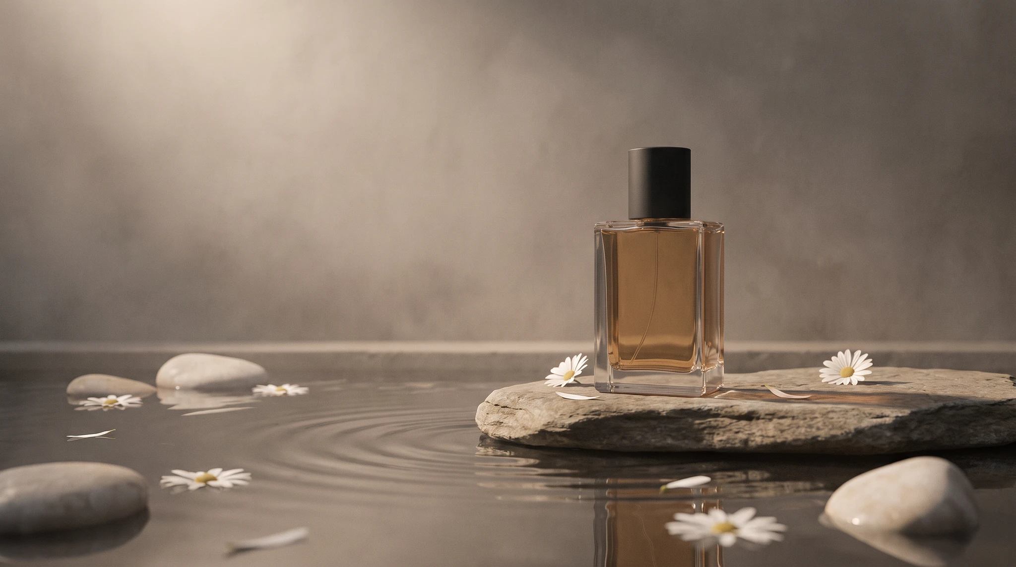 A bottle resting at the edge of still water