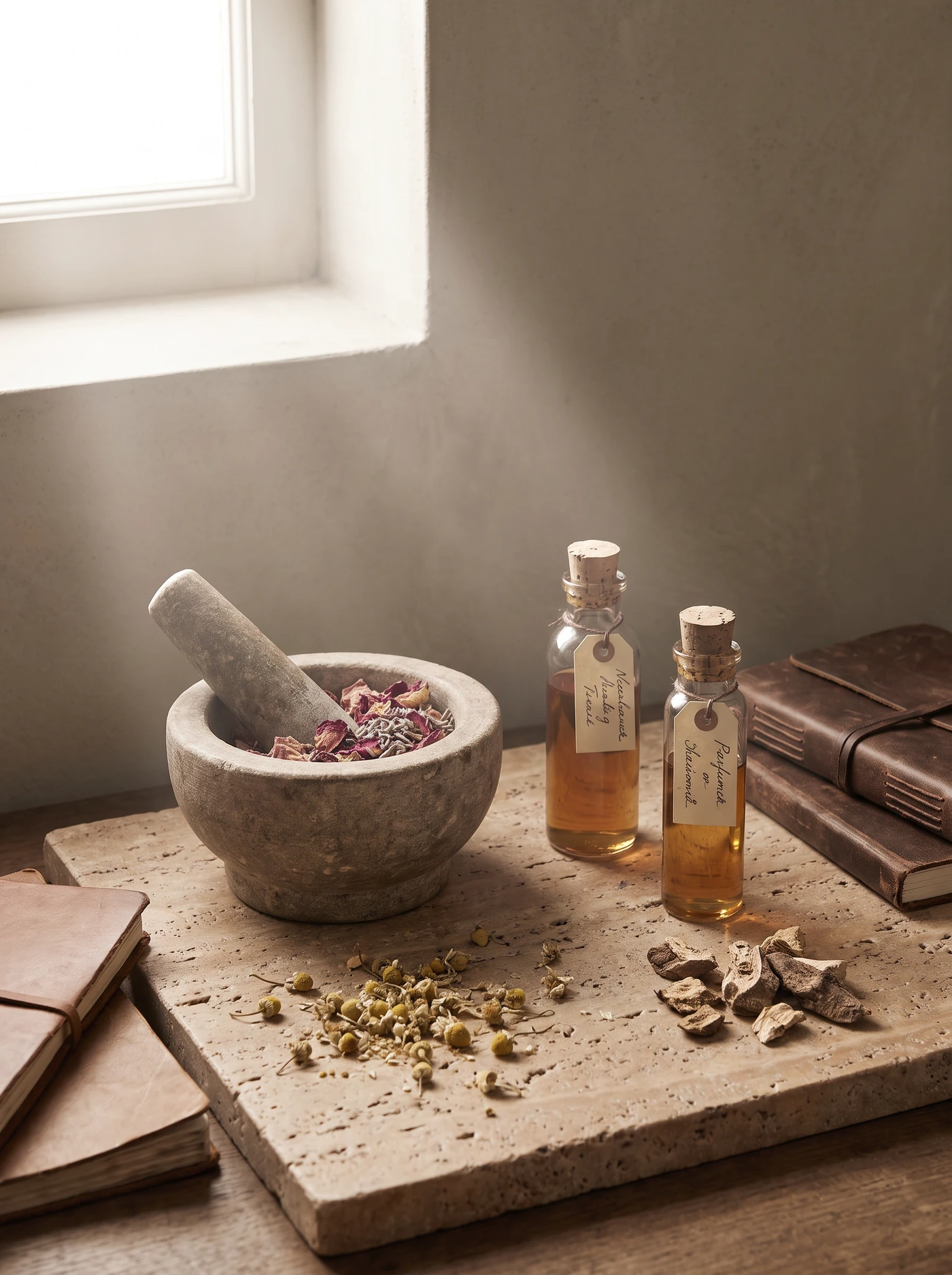 Stone mortar, oils and dried petals in the atelier