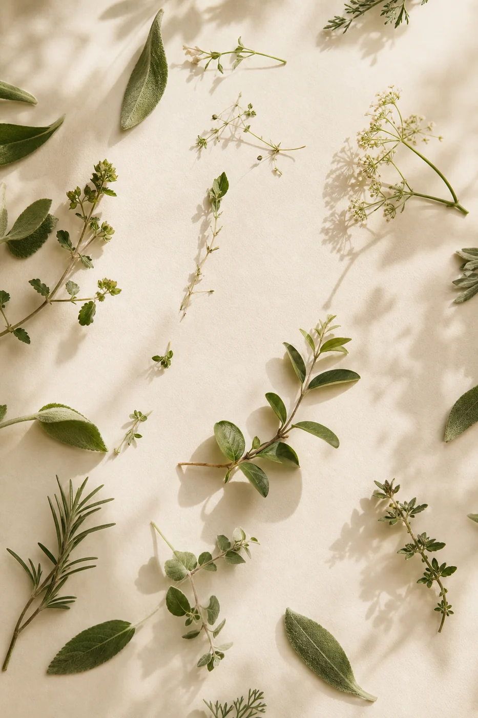Fresh botanical ingredients on cream paper