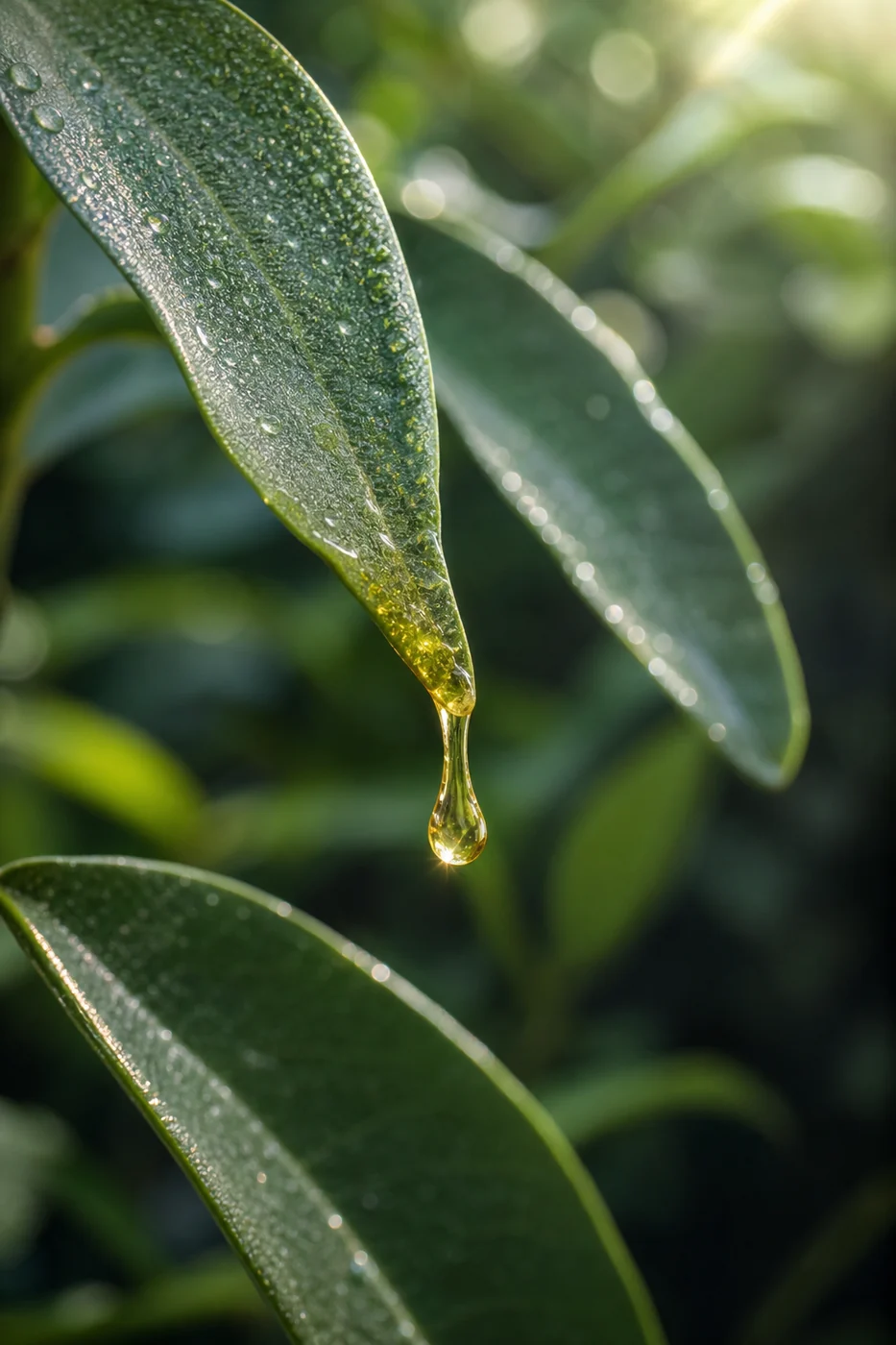 Macro of dewy leaves with a drop of serum