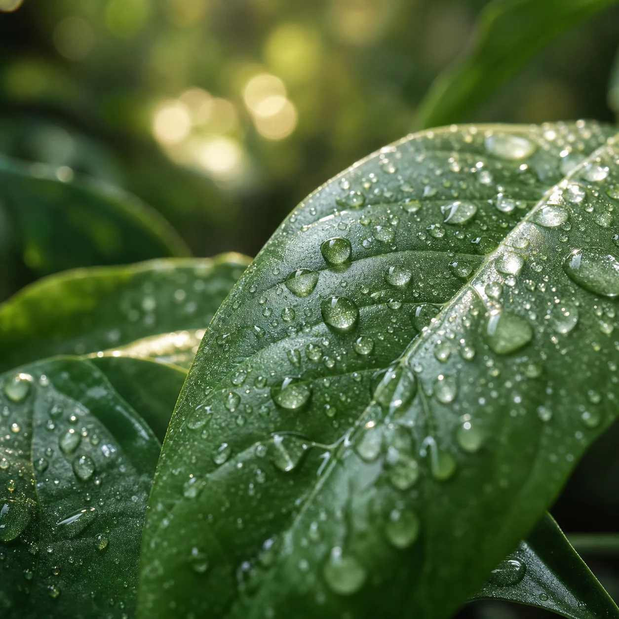 Macro close-up of dewy green botanical leaves