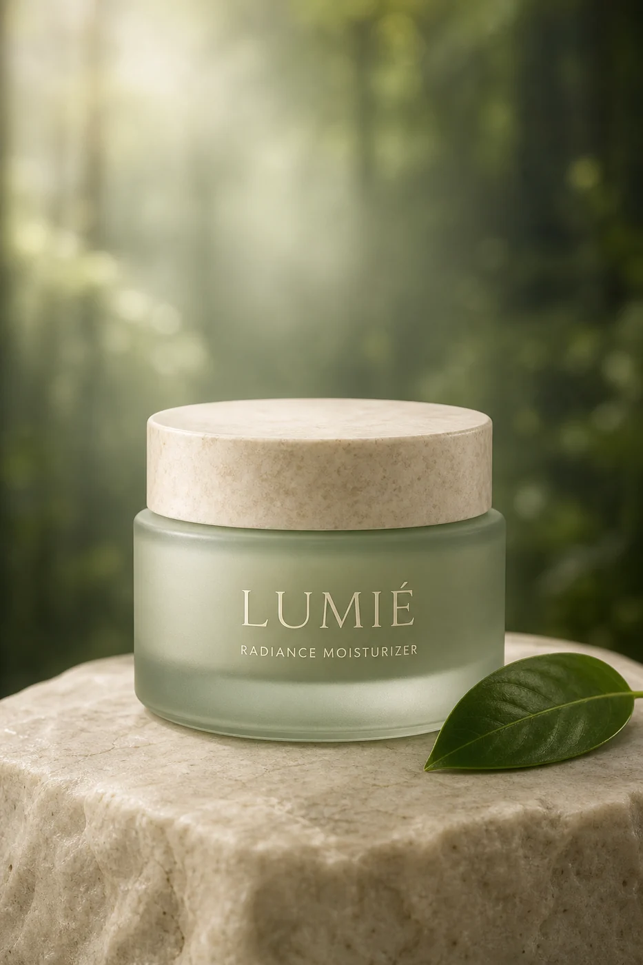 LUMIÉ Radiance Moisturizer in a sage glass jar with a stone lid