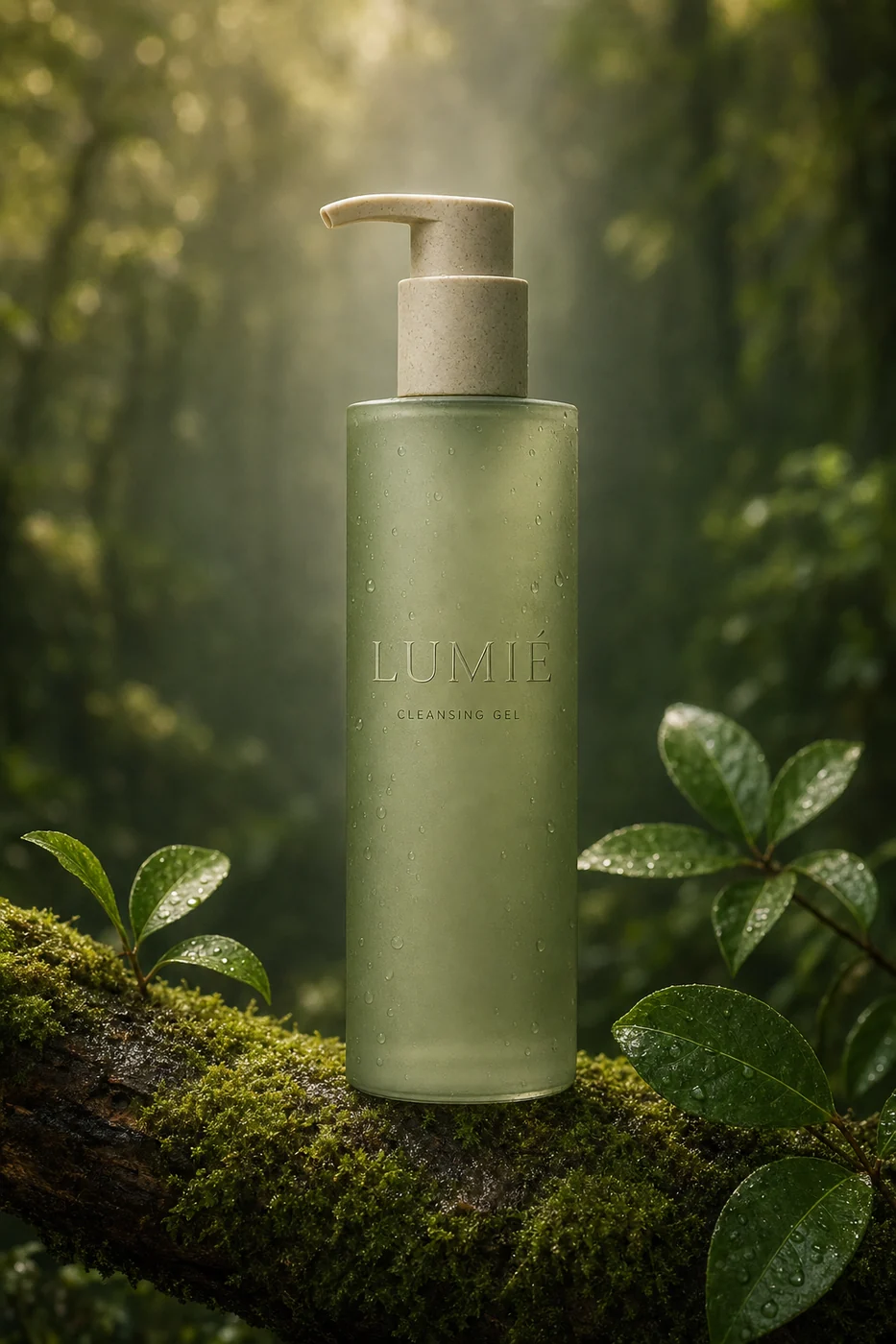 LUMIÉ Botanical Cleansing Gel in a pale sage bottle with a stone pump
