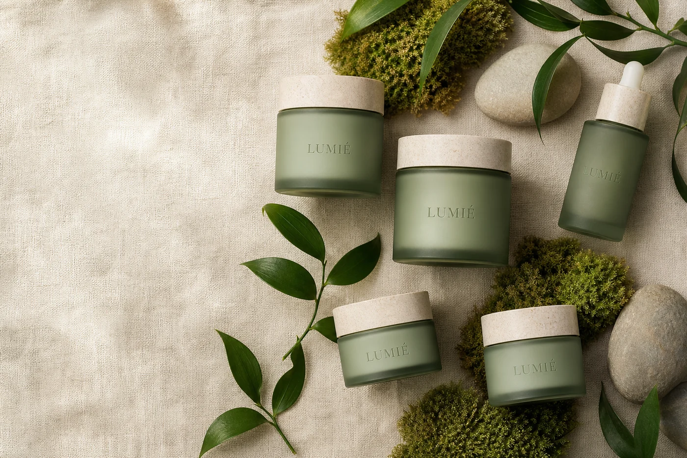 Overhead flat-lay of LUMIÉ jars with fresh botanicals on cream linen