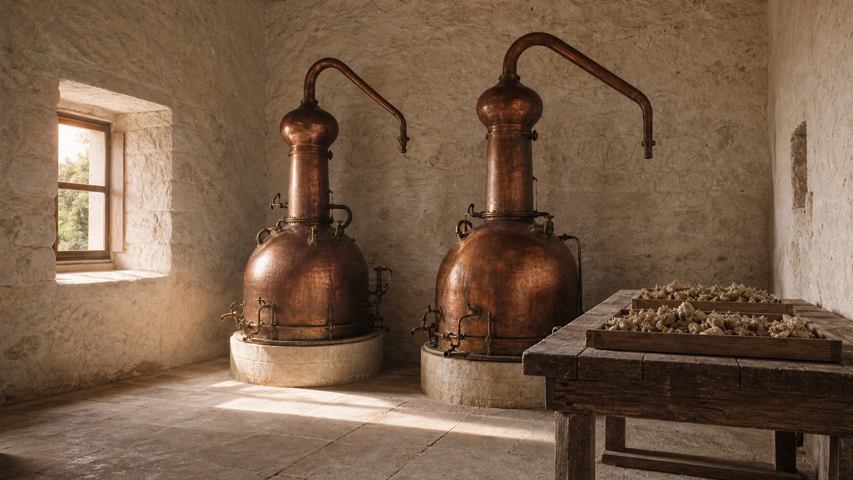 Two copper alembic stills in the distillery