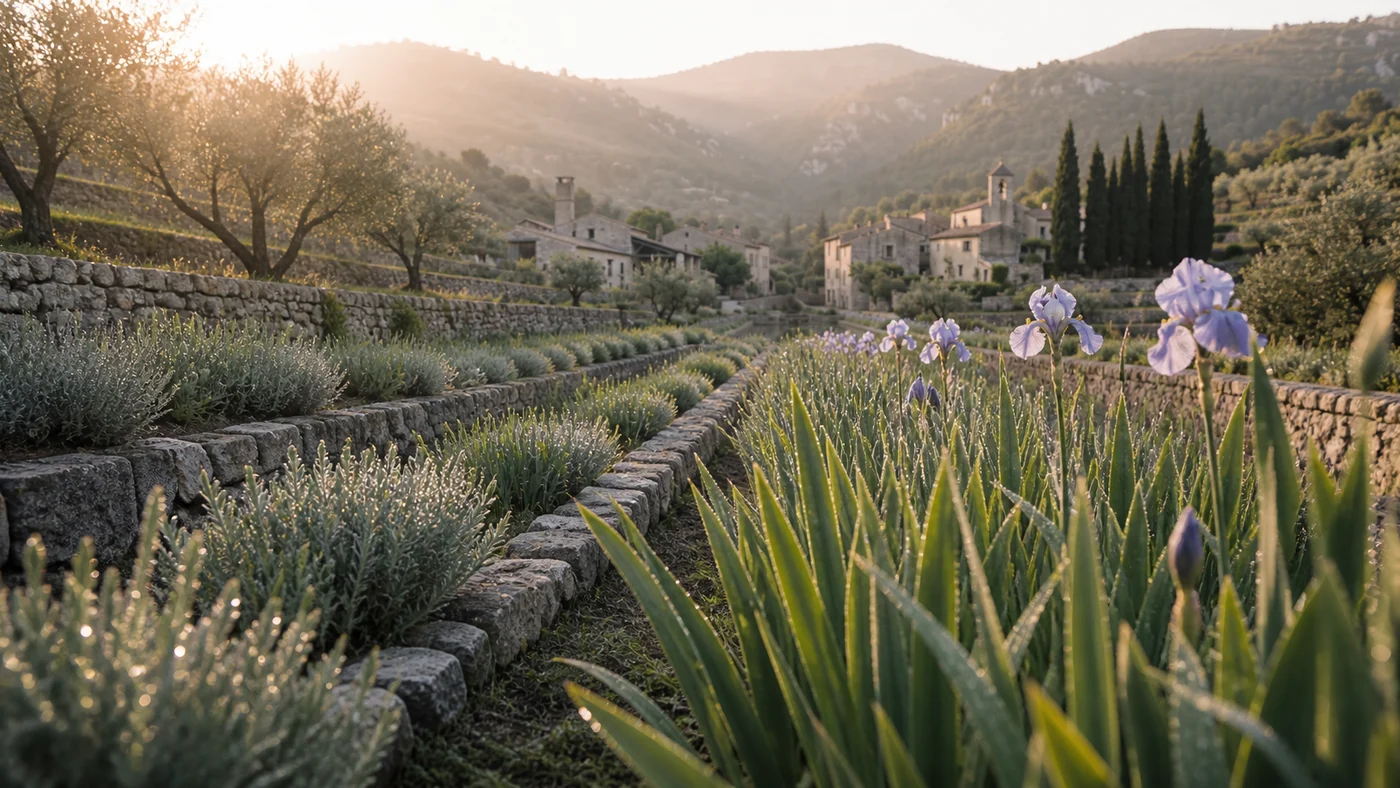The iris terraces at first light, seen along the rows