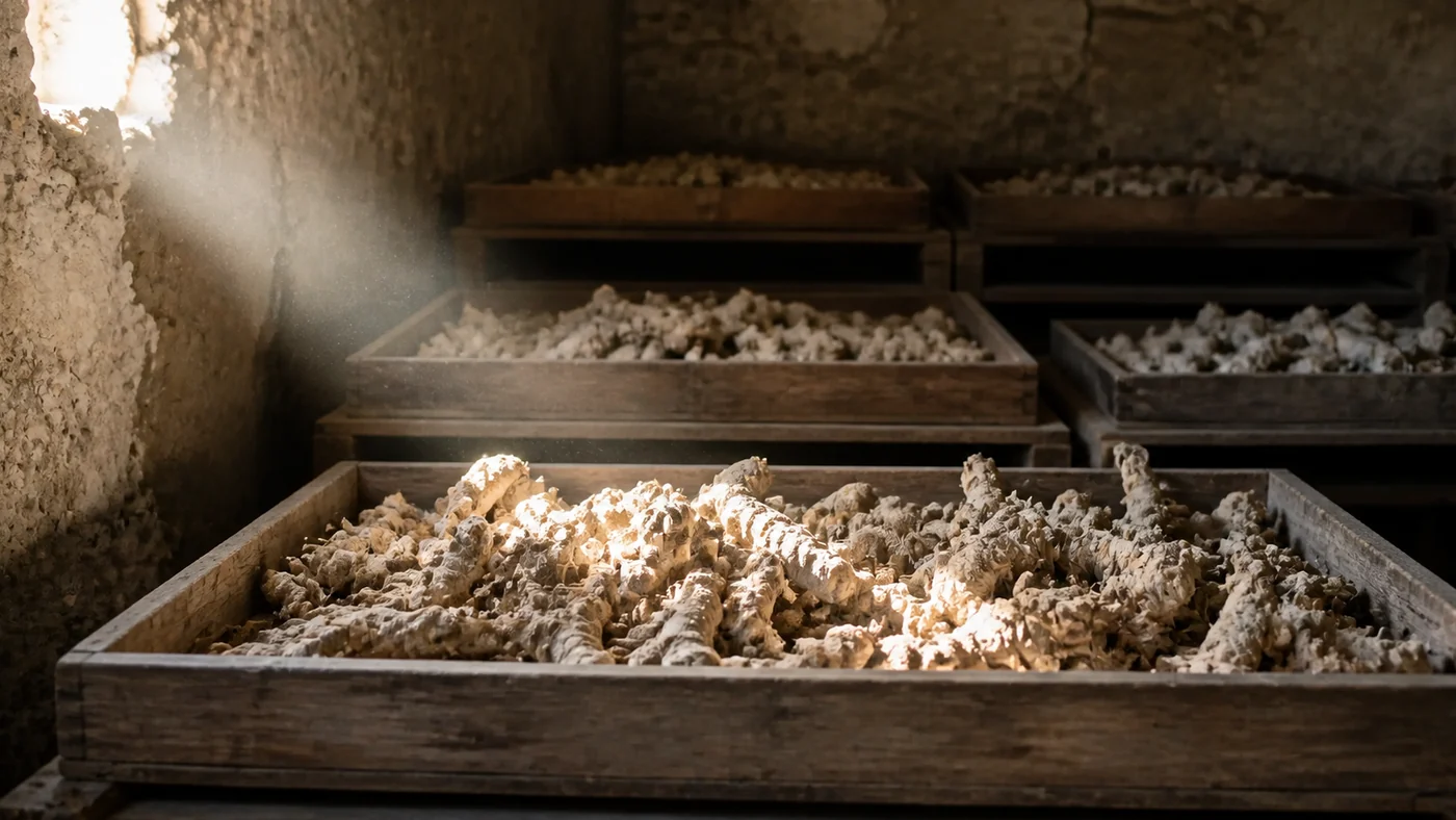 Wooden drying trays of iris rhizomes in the stone cellar