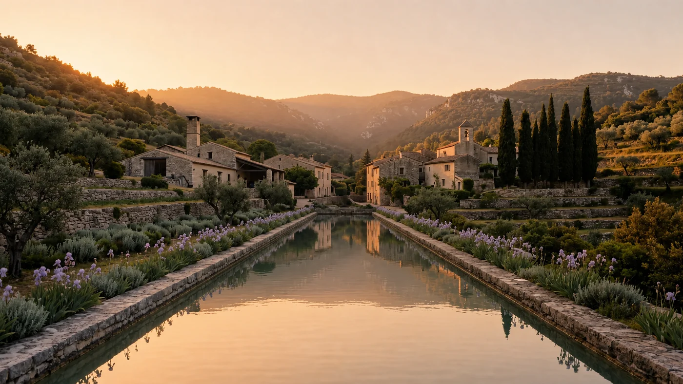 The reflecting pool in low late-afternoon light