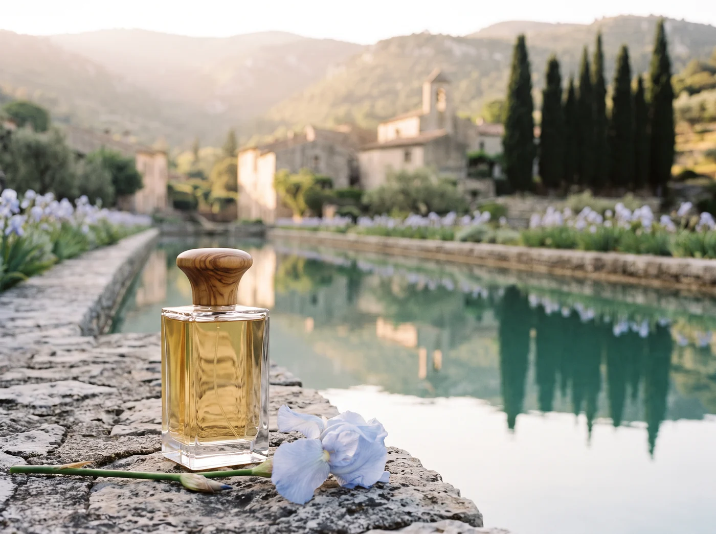 Grasse-distilled on a dry-stone terrace wall above the pool