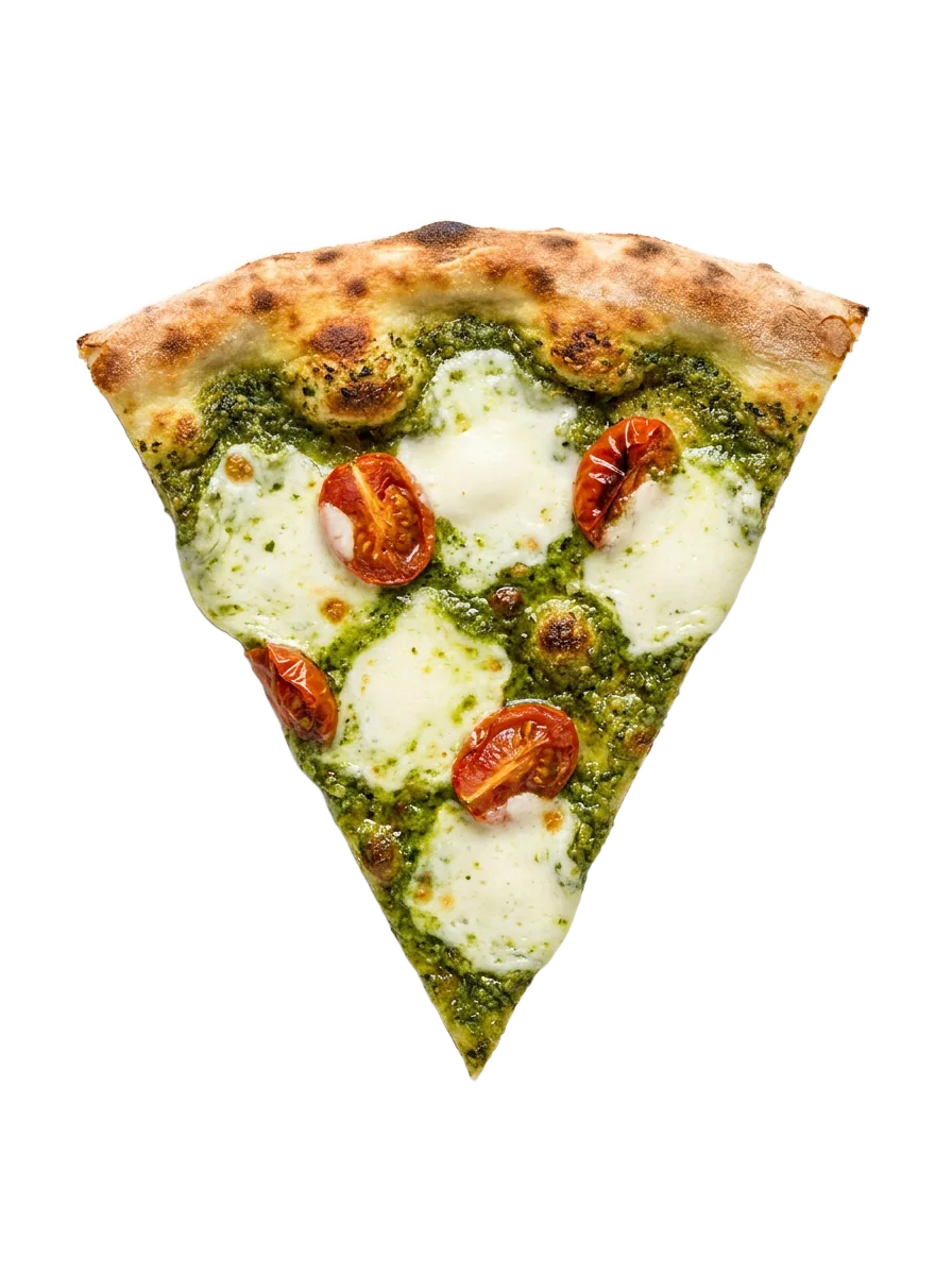 Pesto slice — green basil pesto and pine nuts